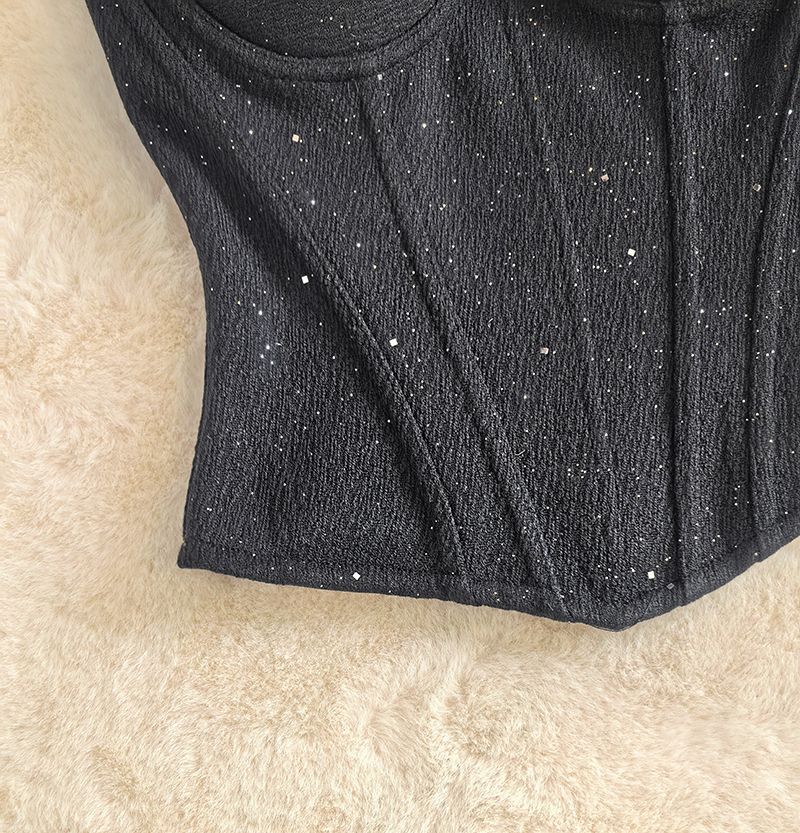 Black Sparkle Bustier Corset Top - Fishbone Strap Vest Elegant Slim Corset